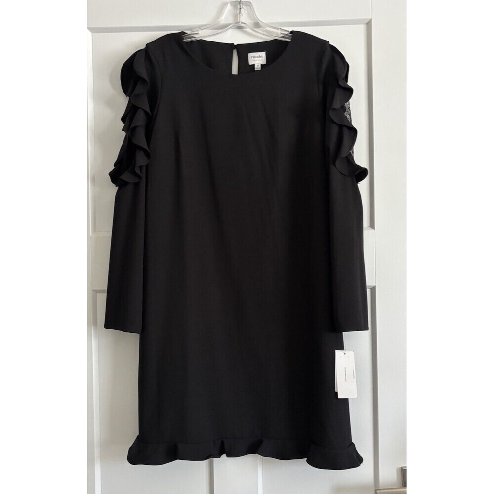 Nicole Miller Black Shift  Dress Lace & Ruffle Long Sleeves Midi NWT Women Sz 10